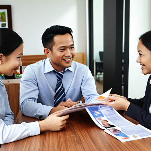 **

A Malaysian insurance broker meeting with a client, family or business owner, in a modern office setting or a cozy Malaysian cafe.  Focus on building trust and offering a friendly, professional consultation about various insurance options.  Display brochures from multiple insurance companies.

**