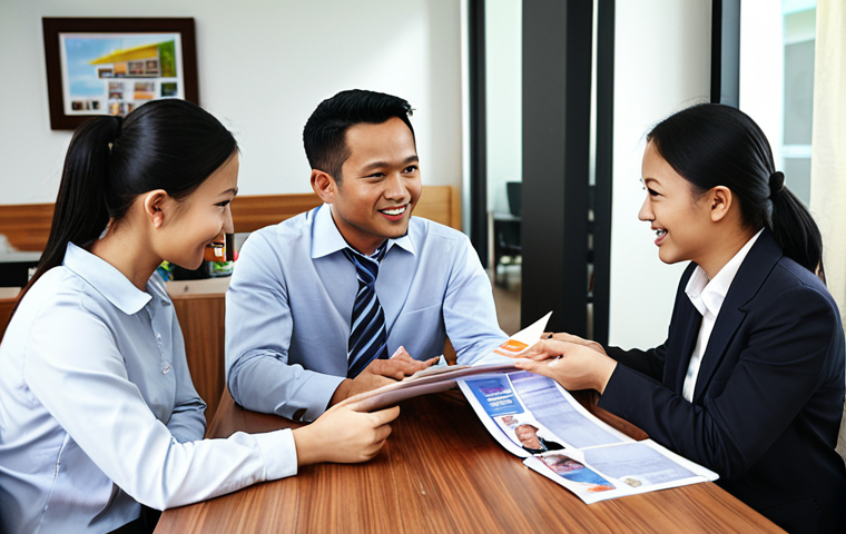 **

A Malaysian insurance broker meeting with a client, family or business owner, in a modern office setting or a cozy Malaysian cafe.  Focus on building trust and offering a friendly, professional consultation about various insurance options.  Display brochures from multiple insurance companies.

**