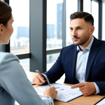 A professional male insurance broker in a modest business suit, seated across from a female client in appropriate attire, at a sleek wooden desk in a modern, brightly lit office. The broker gestures towards a tablet, subtly displaying charts and diverse insurance options, explaining complex details with an objective and helpful expression. The client listens attentively, engaged in the discussion. The background features blurred city views and subtle office decor, conveying a professional yet approachable atmosphere. perfect anatomy, correct proportions, natural pose, well-formed hands, proper finger count, natural body proportions, professional photography, high quality, safe for work, appropriate content, fully clothed, professional dress.