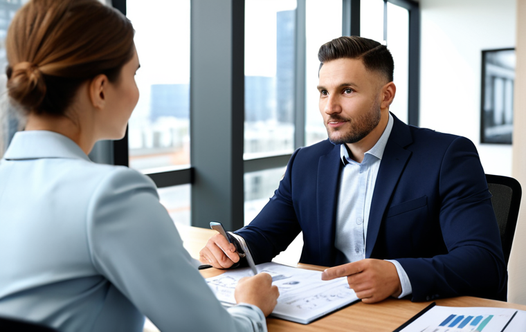 A professional male insurance broker in a modest business suit, seated across from a female client in appropriate attire, at a sleek wooden desk in a modern, brightly lit office. The broker gestures towards a tablet, subtly displaying charts and diverse insurance options, explaining complex details with an objective and helpful expression. The client listens attentively, engaged in the discussion. The background features blurred city views and subtle office decor, conveying a professional yet approachable atmosphere. perfect anatomy, correct proportions, natural pose, well-formed hands, proper finger count, natural body proportions, professional photography, high quality, safe for work, appropriate content, fully clothed, professional dress.
