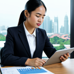A professional young Malaysian woman, working as an insurance broker, seated at a desk in a bright, modern office. She is wearing a modest business suit and appropriate attire, looking thoughtfully at a tablet displaying graphs or data. The office features sleek, minimalist design, with large windows in the background offering a city view. The overall scene conveys professionalism and efficiency, safe for work, appropriate content, fully clothed, professional. Perfect anatomy, correct proportions, natural pose, well-formed hands, proper finger count, natural body proportions, high-resolution, professional photography, soft lighting, sharp focus.
