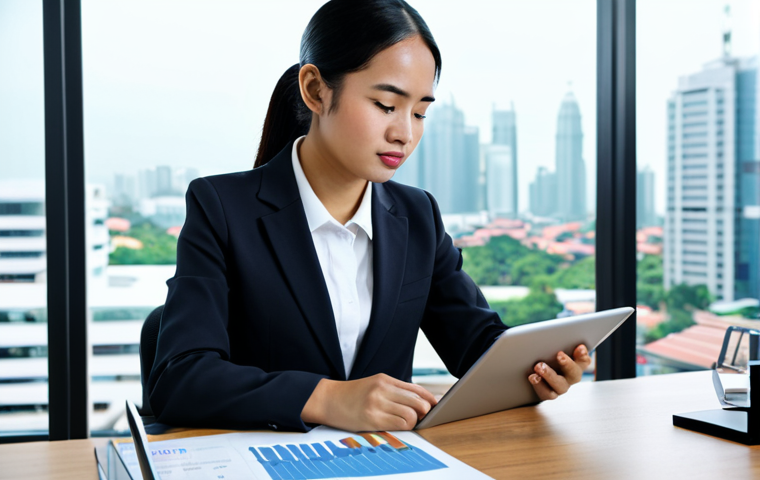 A professional young Malaysian woman, working as an insurance broker, seated at a desk in a bright, modern office. She is wearing a modest business suit and appropriate attire, looking thoughtfully at a tablet displaying graphs or data. The office features sleek, minimalist design, with large windows in the background offering a city view. The overall scene conveys professionalism and efficiency, safe for work, appropriate content, fully clothed, professional. Perfect anatomy, correct proportions, natural pose, well-formed hands, proper finger count, natural body proportions, high-resolution, professional photography, soft lighting, sharp focus.