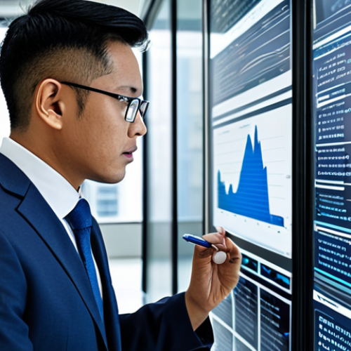 A professional Malaysian insurance broker, fully clothed in a modest business suit, is intently interacting with a transparent digital screen in a modern, high-tech office. The screen displays complex AI-driven data visualizations and predictive analytics for risk assessment. The broker holds a digital pen, demonstrating expertise and precision. The background features blurred modern office architecture, suggesting innovation and efficiency. The image conveys a sense of cutting-edge technology applied to personalized service. Perfect anatomy, correct proportions, well-formed hands, natural body proportions, natural pose. Safe for work, appropriate content, fully clothed, professional, high quality, professional photography.