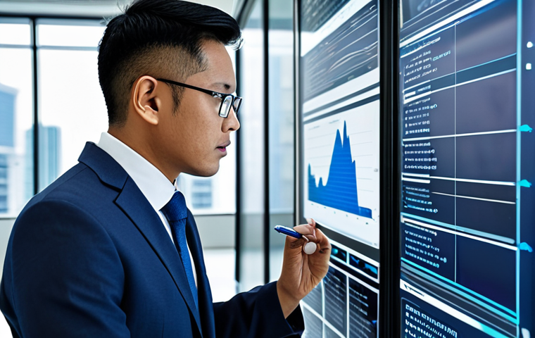 A professional Malaysian insurance broker, fully clothed in a modest business suit, is intently interacting with a transparent digital screen in a modern, high-tech office. The screen displays complex AI-driven data visualizations and predictive analytics for risk assessment. The broker holds a digital pen, demonstrating expertise and precision. The background features blurred modern office architecture, suggesting innovation and efficiency. The image conveys a sense of cutting-edge technology applied to personalized service. Perfect anatomy, correct proportions, well-formed hands, natural body proportions, natural pose. Safe for work, appropriate content, fully clothed, professional, high quality, professional photography.