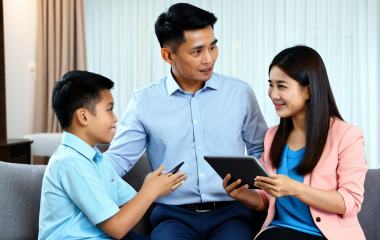 Insurance Agent Consultation**

"A professional insurance agent in appropriate attire, fully clothed, is advising a young couple in their living room. The scene showcases a modest and comfortable home interior in Malaysia. The agent is explaining insurance policies using a tablet. Safe for work, appropriate content, perfect anatomy, natural proportions, family-friendly, professional photography, high quality."

**