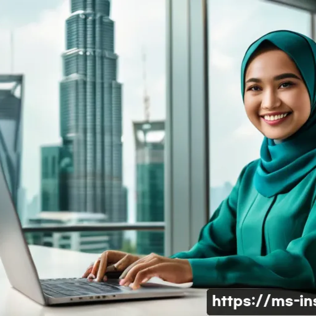 보험중개사와 관련된 최신 보험 상품 연구 - "A young Malaysian woman wearing a modest baju kurung is sitting at a modern desk in a brightly lit ...