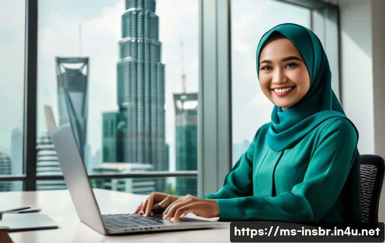 보험중개사와 관련된 최신 보험 상품 연구 - "A young Malaysian woman wearing a modest baju kurung is sitting at a modern desk in a brightly lit ...