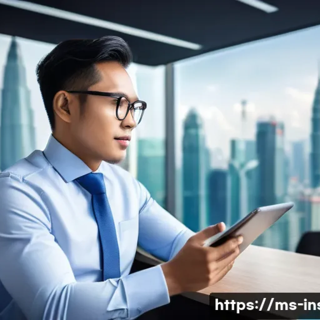 보험중개사와 관련된 최신 보험 정책 변화 - A modern Malaysian insurance agent in smart business attire, using a sleek tablet displaying a digit...