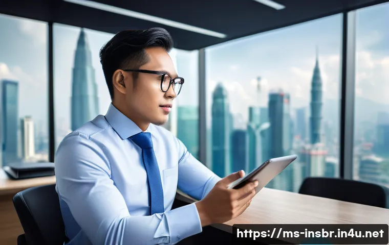 보험중개사와 관련된 최신 보험 정책 변화 - A modern Malaysian insurance agent in smart business attire, using a sleek tablet displaying a digit...