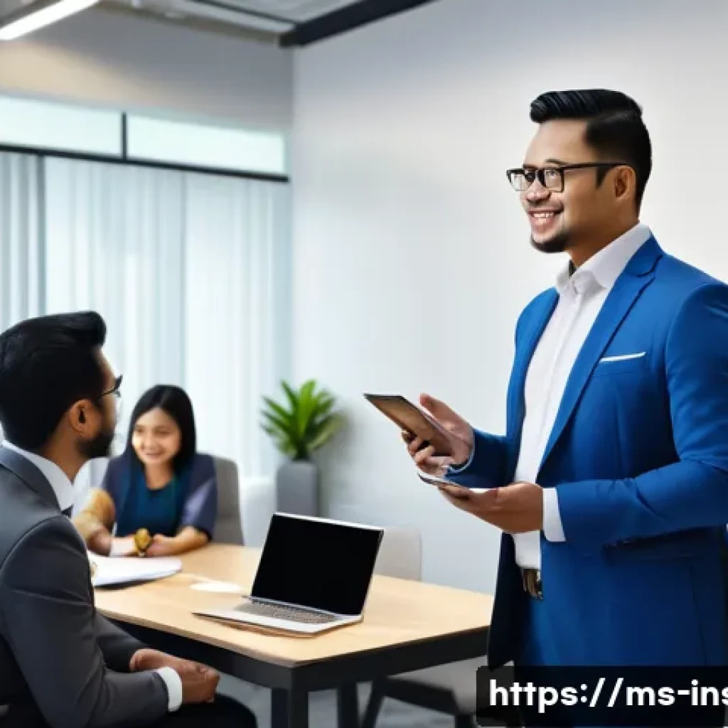 보험중개사 자격증으로 인한 커리어 전환 사례 - A professional Malaysian insurance agent, dressed in smart business attire and wearing a modest suit...