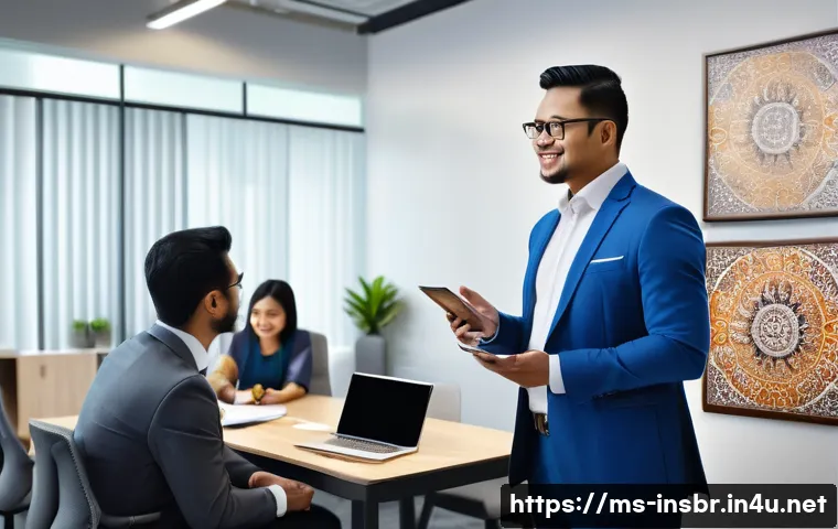 보험중개사 자격증으로 인한 커리어 전환 사례 - A professional Malaysian insurance agent, dressed in smart business attire and wearing a modest suit...