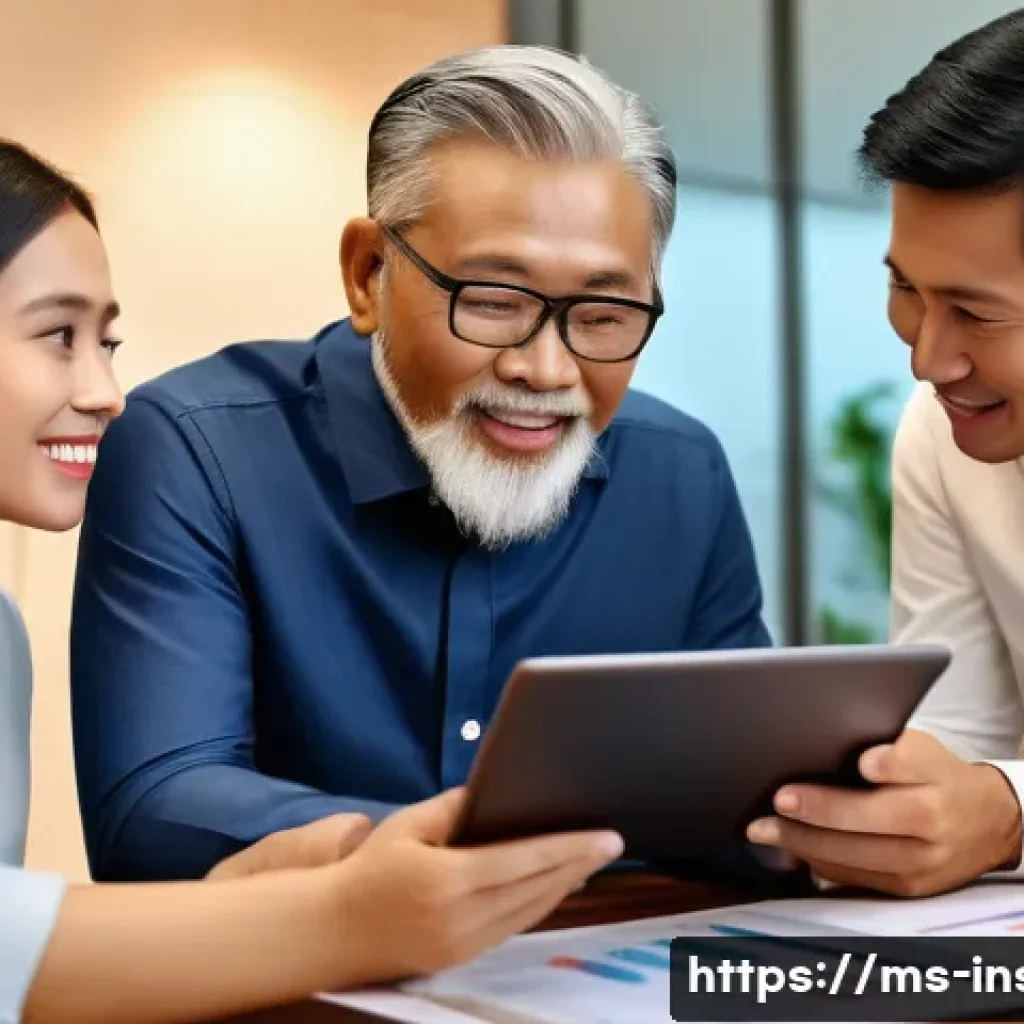 보험중개사와 관련된 실무 사례 연구 - A professional insurance agent in a modern Malaysian office environment, attentively listening and e...