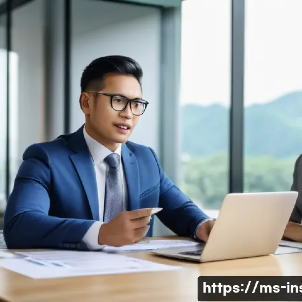 보험중개사로서의 전문성 강화 방법 - A professional Malaysian insurance agent in a modern office setting, attentively listening to a dive...