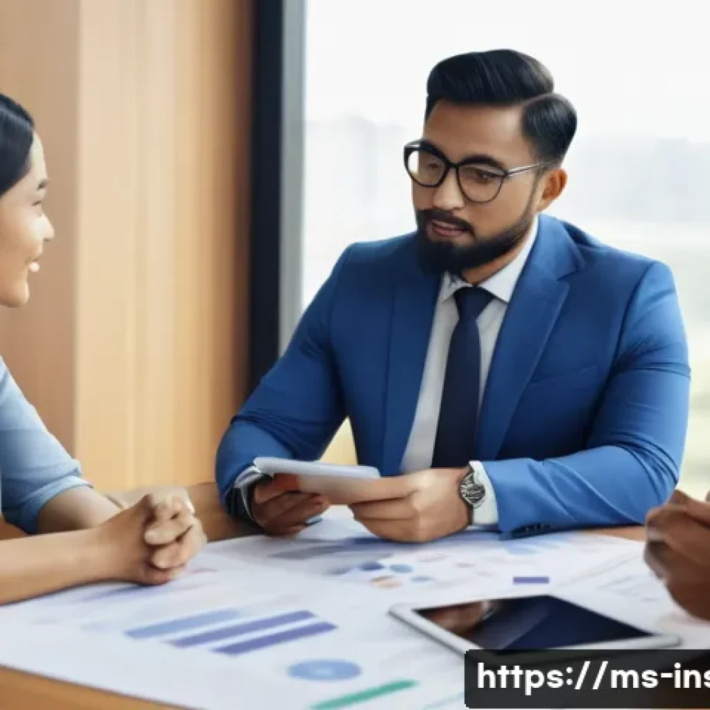 보험중개사와 실무 경험의 상관관계 - A professional Malaysian insurance agent meeting with a diverse group of clients in a modern office ...