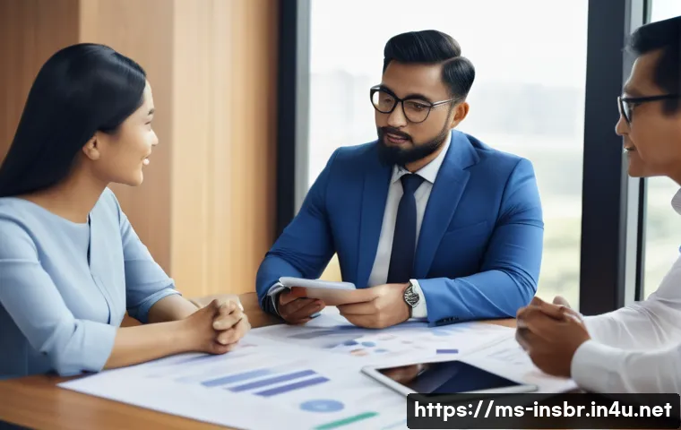 보험중개사와 실무 경험의 상관관계 - A professional Malaysian insurance agent meeting with a diverse group of clients in a modern office ...