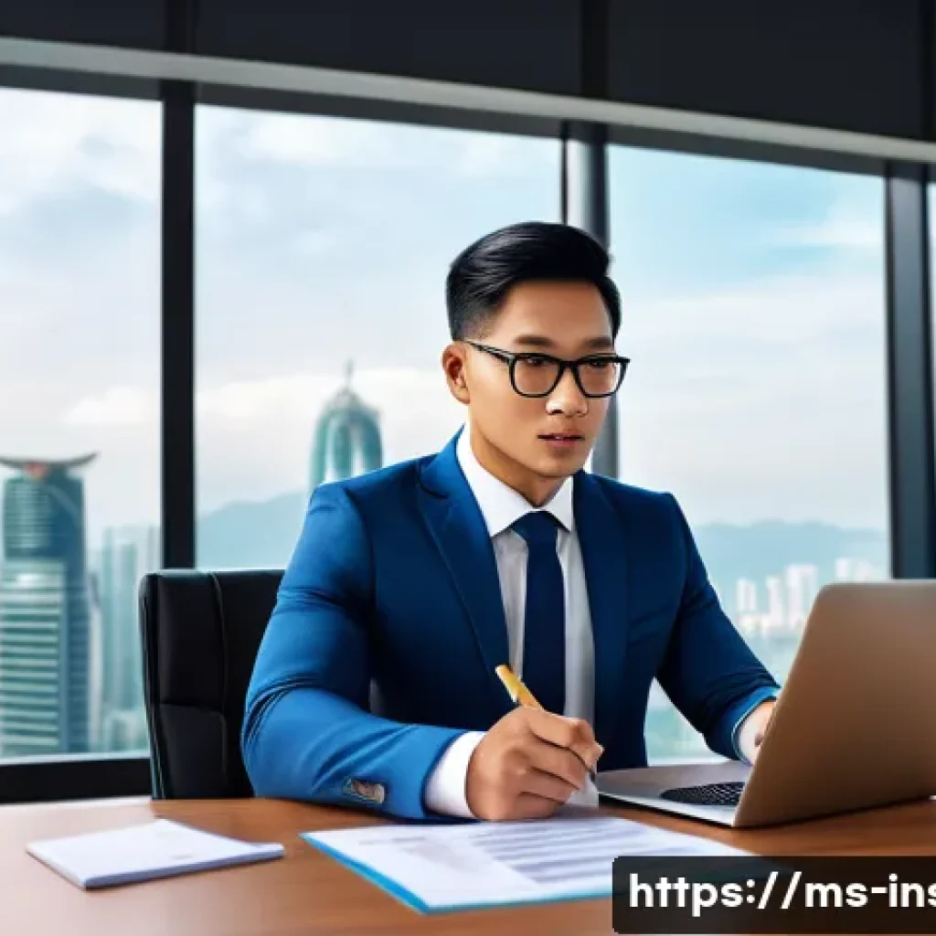 보험중개사 시험 중 급수별 차이 - A professional Malaysian insurance agent in a neat business suit sitting at a modern office desk, at...