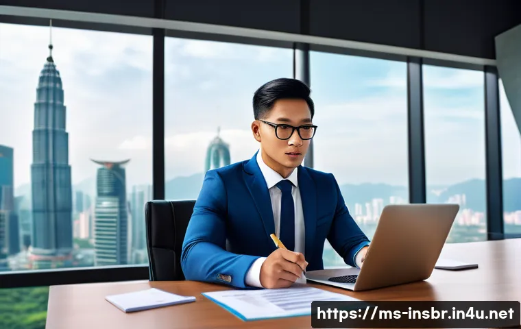 보험중개사 시험 중 급수별 차이 - A professional Malaysian insurance agent in a neat business suit sitting at a modern office desk, at...