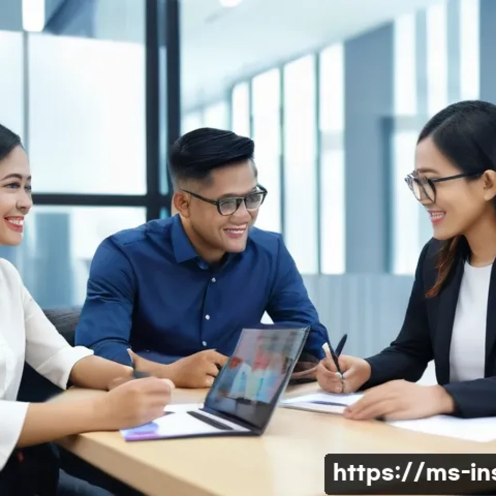 보험중개사 고객 관리 사례 - A professional Malaysian insurance agent engaging in a friendly conversation with a diverse group of...