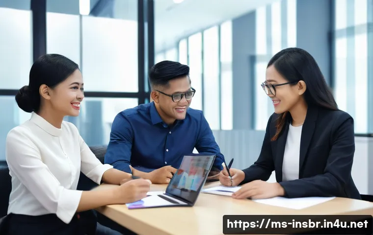 보험중개사 고객 관리 사례 - A professional Malaysian insurance agent engaging in a friendly conversation with a diverse group of...