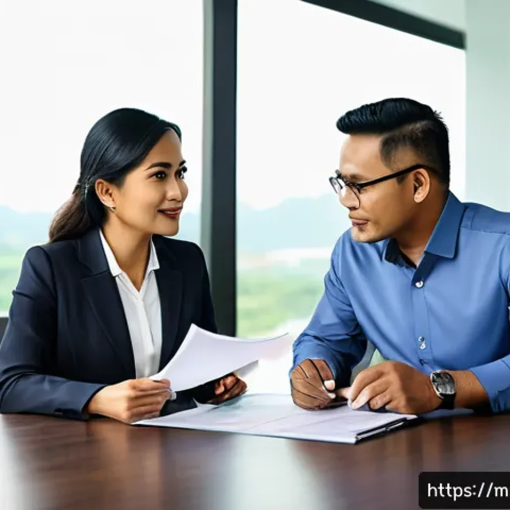 보험중개사로서의 고객 포트폴리오 구축 - A professional Malaysian insurance agent attentively listening to a diverse middle-aged Malay couple...