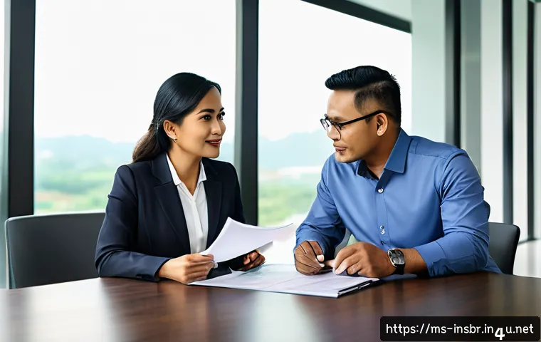 보험중개사로서의 고객 포트폴리오 구축 - A professional Malaysian insurance agent attentively listening to a diverse middle-aged Malay couple...