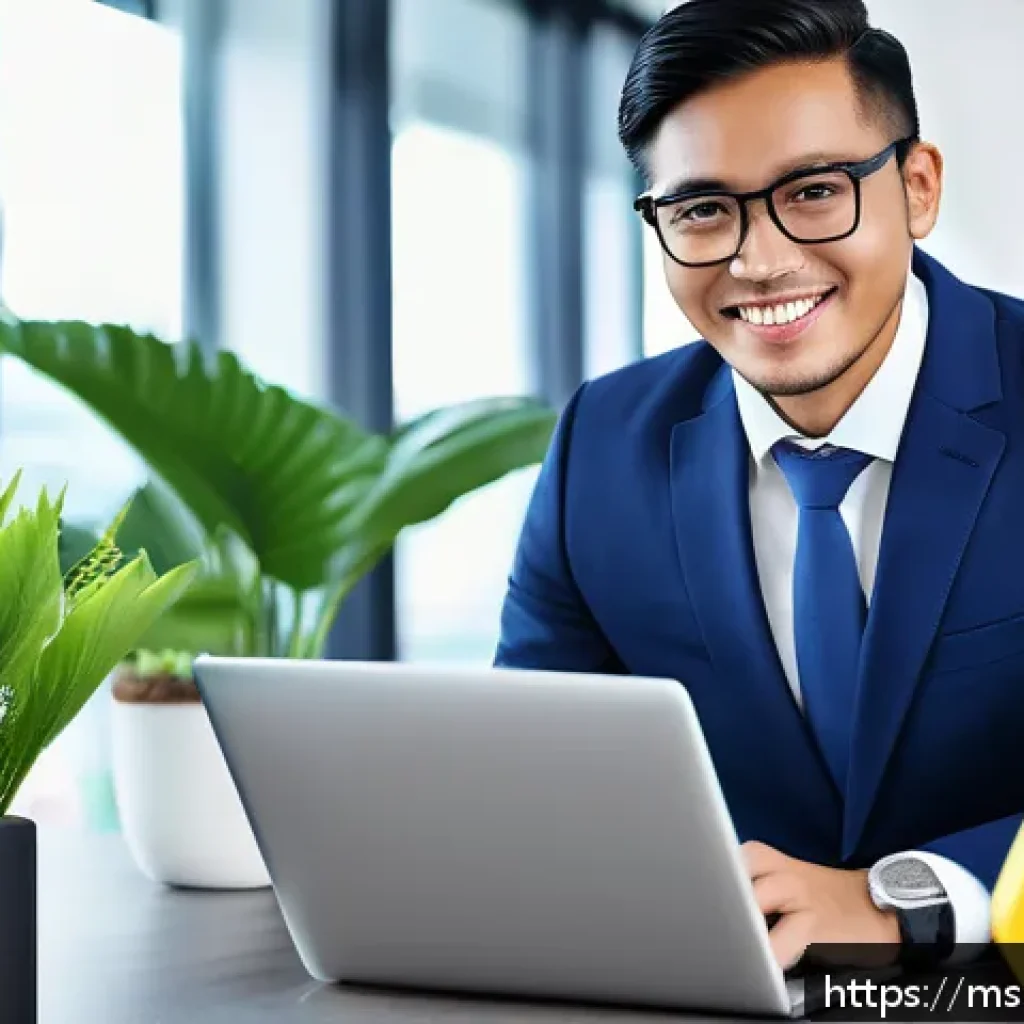 보험중개사와 보험 트렌드 비교 분석 - A professional Malaysian insurance agent in a modern office setting, using a laptop and smartphone s...