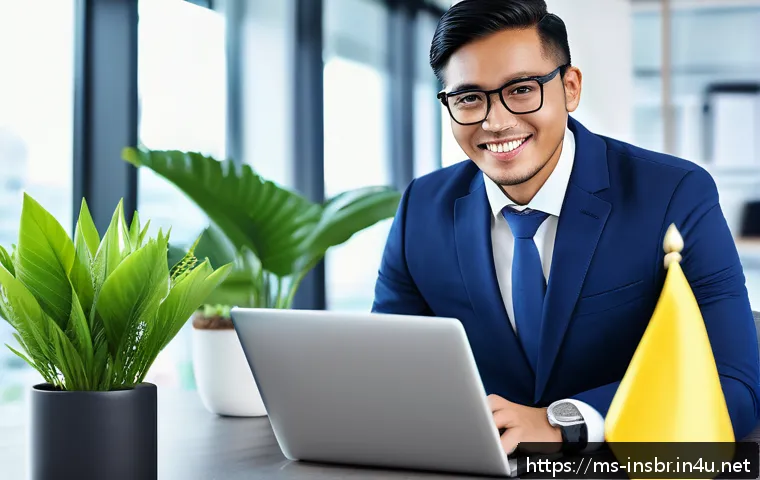 보험중개사와 보험 트렌드 비교 분석 - A professional Malaysian insurance agent in a modern office setting, using a laptop and smartphone s...