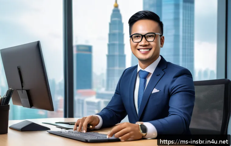 보험중개사 업무 관련 동기부여 책 추천 - A professional Malaysian insurance agent in smart business attire, sitting confidently at a modern o...