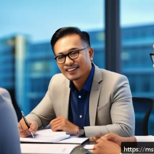 보험중개사와 고객 응대 사례 공유 - A professional Malaysian insurance agent attentively listening to a middle-aged Malay couple in a co...