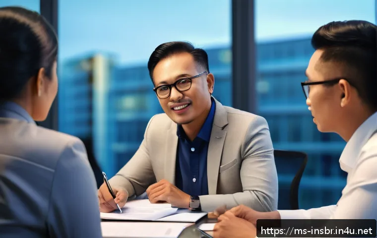 보험중개사와 고객 응대 사례 공유 - A professional Malaysian insurance agent attentively listening to a middle-aged Malay couple in a co...