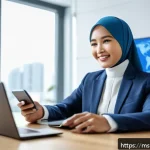 보험중개사와 관련된 최신 보험 정책 분석 - A modern Malaysian insurance agent using a sleek smartphone and laptop in a bright office setting, s...