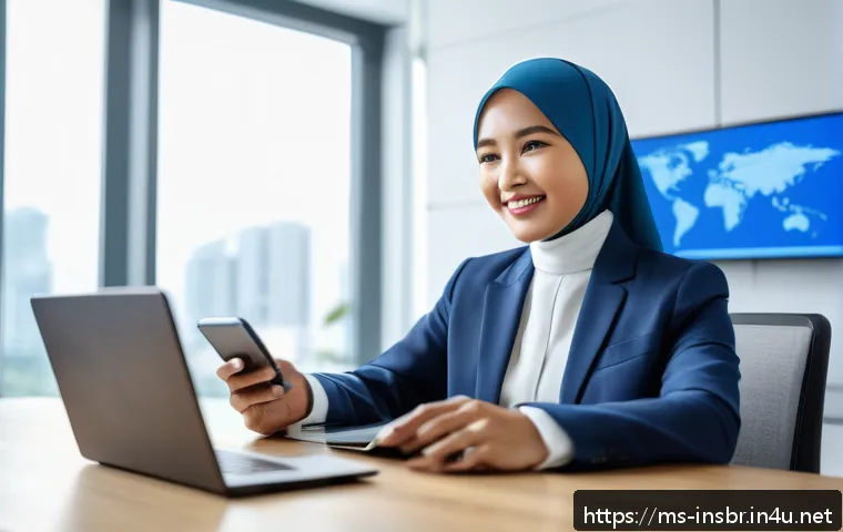 보험중개사와 관련된 최신 보험 정책 분석 - A modern Malaysian insurance agent using a sleek smartphone and laptop in a bright office setting, s...