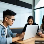 보험중개사 자격증 공부를 위한 그룹 스터디 장단점 - A diverse group of young Malaysian adults studying together in a cozy, modern room with laptops, not...