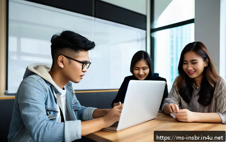 보험중개사 자격증 공부를 위한 그룹 스터디 장단점 - A diverse group of young Malaysian adults studying together in a cozy, modern room with laptops, not...