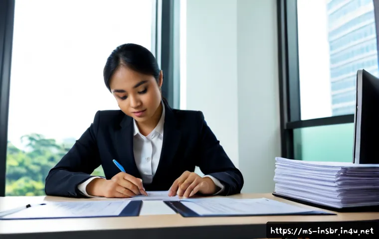 보험중개사 필수 자격증 리스트 - Photorealistic Malaysian insurance broker in modest professional business attire organizing several ...